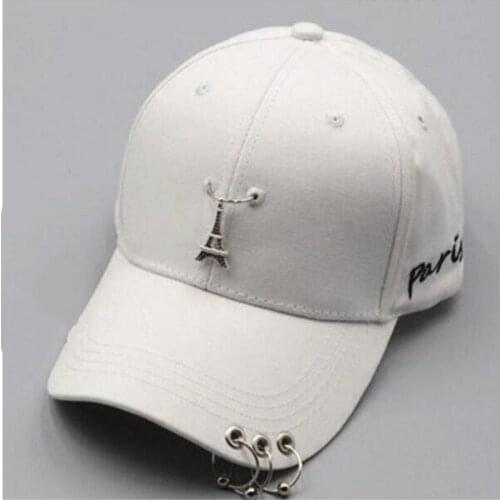 Seioum Fashion cotton Black Baseball Cap Metal chain Metal ring Decoration Snapback Hip Hop Hat For Men And Women