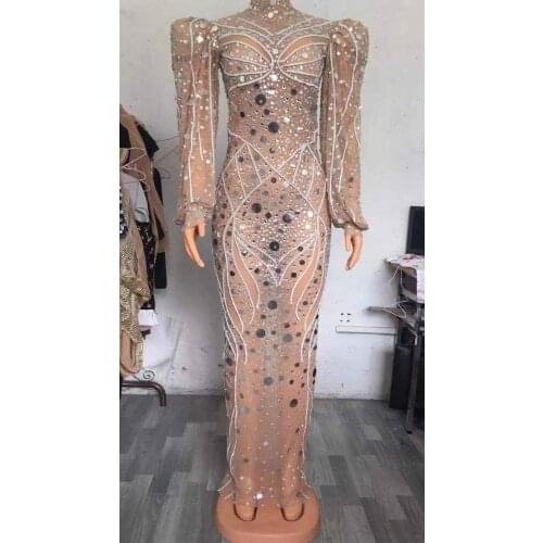 Sparkly Silver Sequins Rhinestones Transparent Puff Sleeves Dress Birthday Celebrate Outfit Women Show Wear Party Prom Dresses