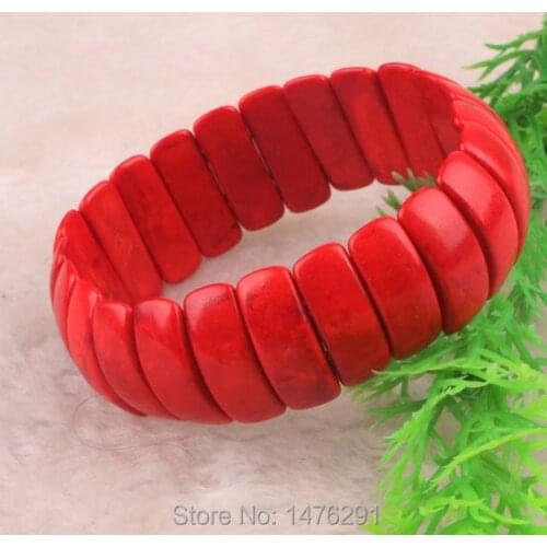 Red Howlite Stone Bead Stretchy Bangle Bracelet 8X23MM