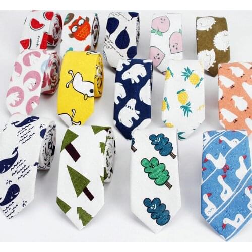 Linen Cotton Cartoon Tie For Men Women Skinny Neck Tie For Wedding Casual Leaf Print Neckties Classic Suits Funny Slim Neck Ties