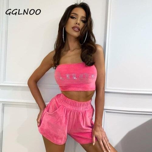 GGLNOO Velvet Rhinestone Letter Print Women Two Piece Set Tube Crop Top High Waist Wide Leg Pants Tracksuit Sporty