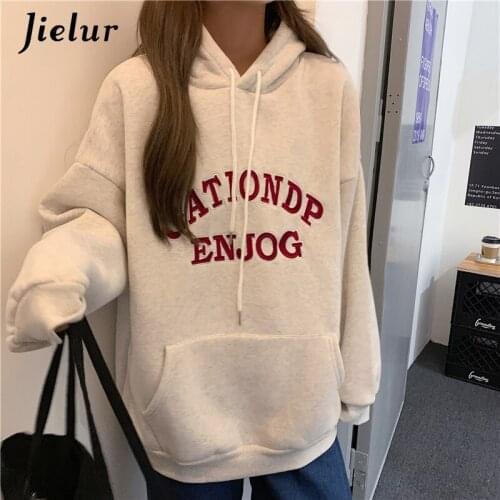 Jielur 2021 New Korean Hoodies Women Pocket Letter Print Fleece Sweatshirt Red Gray Autumn Warm Loose Female Pullover Streetwear