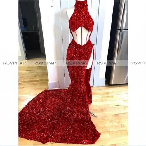 Red Mermaid Prom Dresses 2021 New Arrival Sexy Cut-Out Front High Slit Glitter Sequin High Neck African Black Long Prom Gowns