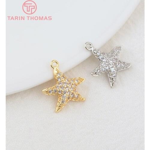4PCS 14.5x15MM Hole 1MM 24K Gold Color Brass with Zircon Starfish Charms Pendants High Quality Diy Jewelry Findings Accessories