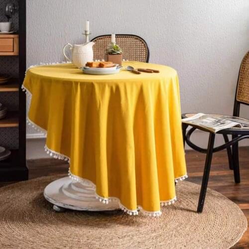 Solid Color Washed Cotton White Ball Lace Round Tablecloths Decorative Yellow Round Table Cover Toalha De Mesa for Dinning Room