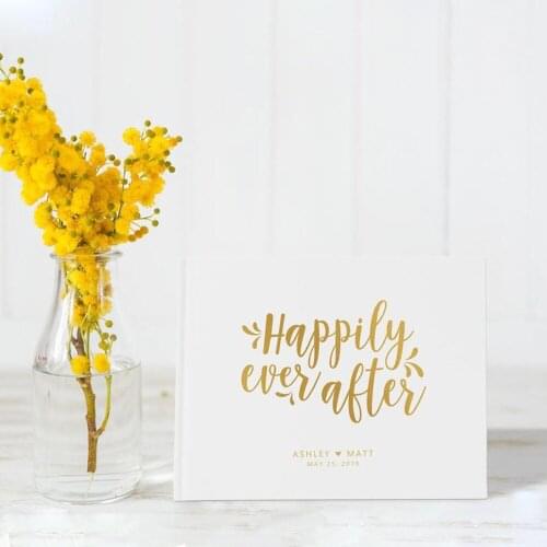 Custom any language happily ever after Wedding Guest Book Personalised Mr and Mrs Guestbook Wedding, Sign In Book White and Gold