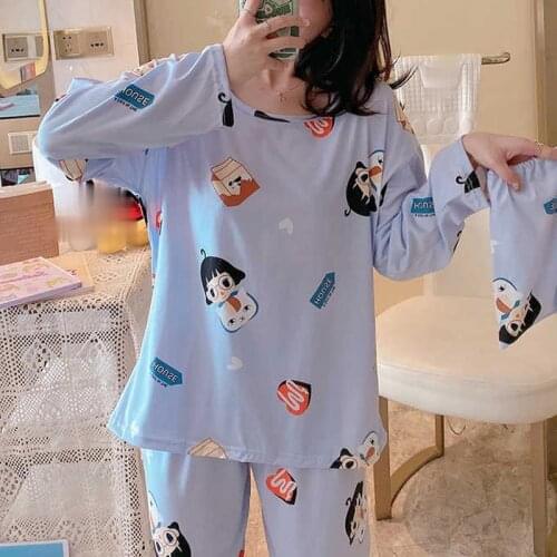 2021 spring Long Sleeve Pajamas Set Cute cartoon girl Leisure Sleepwear Suit 3Pcs Nightwear Women Sleepwear Long Pant Cloth Bag