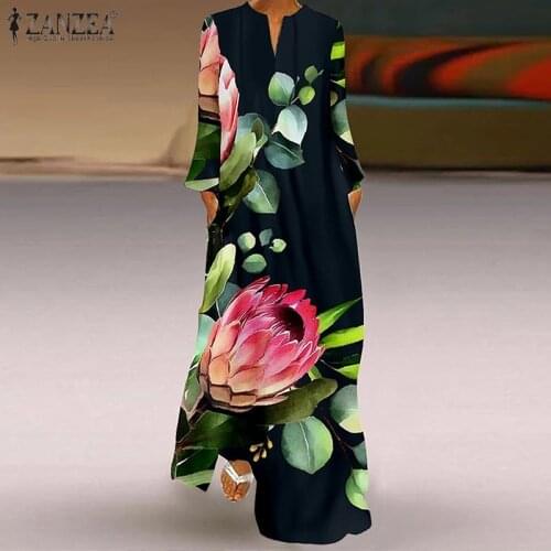 2021 Women Fashion Printed Long Dress ZANZEA Casual Floral Long Sleeve Maxi Sundress Vintage Holiday V Neck Vestidos