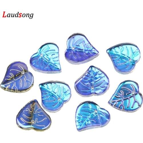 30pcs 13x15mm Leaf Heart Shape Blue Glass Charms Pendant For Fashion Bracelet Necklace Diy Jewelry Making Accessories