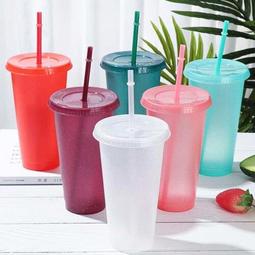 Powder Shiny Reusable Straw Cup Sequined Glitter Cup Coffee Juice Straw Mug Simple Cute Plastic Bottom Outdoor Home Portable Cup