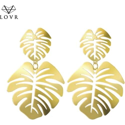 LOVR 2019 Statement Big Leaf Drop Earrings for Women Fashion Vintage Geometric Yellow Green Long Hollow Metal Earring Jewelry