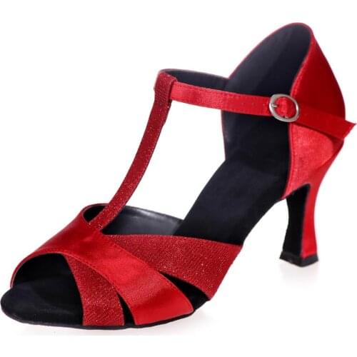 Lady latin dance shoes glitter with satin girls ballroom professional Salsa tango party dancing sandals T strap home sports