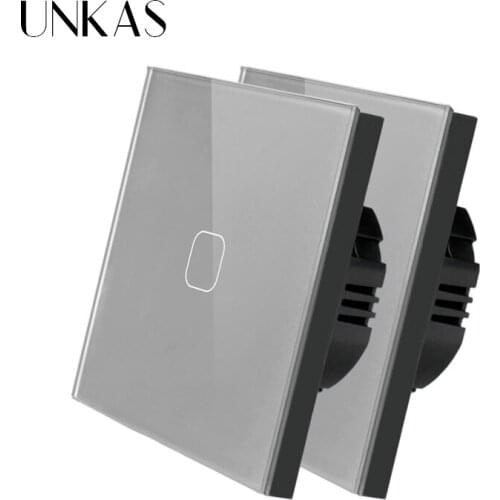 UNKAS Gray Crystal Glass Switch Panel, EU Standard Touch Switch 3 Gang 1 Way,Wall Light Touch Screen Switch,2 pcs/ pack