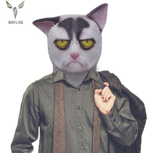 WAYLIKE Unhappy White Cat Mask Halloween Costume Party Novelty Animal Head Rubber Latex Mask