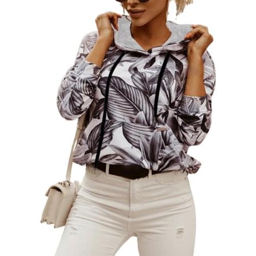 Women Hoodie Subtropical Leaf Print Hooded Autumn Winter Large Pocket Drawstring Sweatshirt Sportswear спортивный костюм женск
