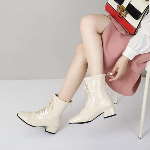 Ochanmeb Cross Tied Booties Women New 2021 Autumn Winter White Nude Short Boots Female Lace up Block Heels Ankle Boot Dress Shoe