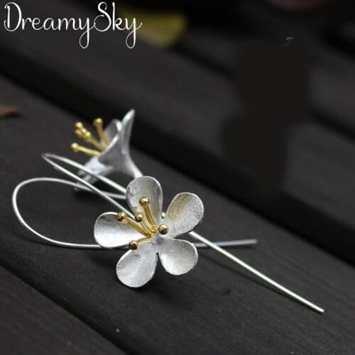 DreamySky 100% Real Silver Color Jewelry Korean Bijoux Vintage Large Flower Earrings For Women Pendientes Brincos