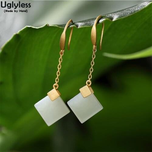 Uglyless Jade Square Cube Earrings for Women Simple Fashion Rhombus Gemstones Jewelry Gold 925 Silver Minimalism Brincos Bijoux