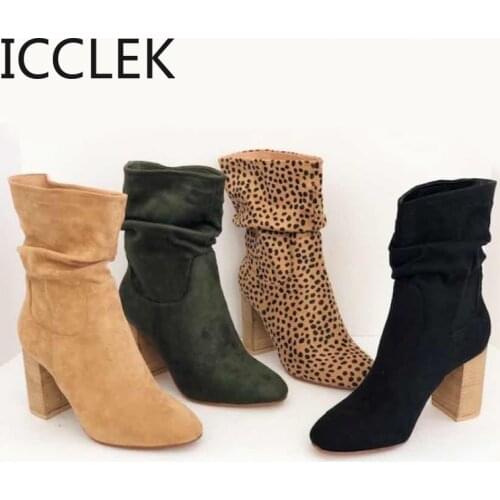 Women Pleated Mid Calf Boots Woman Leapard Suede Square High Heel Female Shoe 2020 Autumn Winter Ladies Casual Footwear Big Size