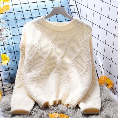 Fashion striped diamond solid color knitted sweater women 2021 Korean version of the fall/winter loose round neck pullover top