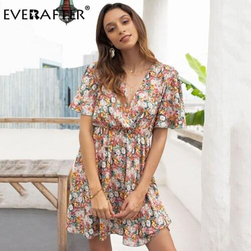EVERAFTER Sexy v-neck women floral print short dress fashion slim short sleeve belt dress summer holiday beach dresses female