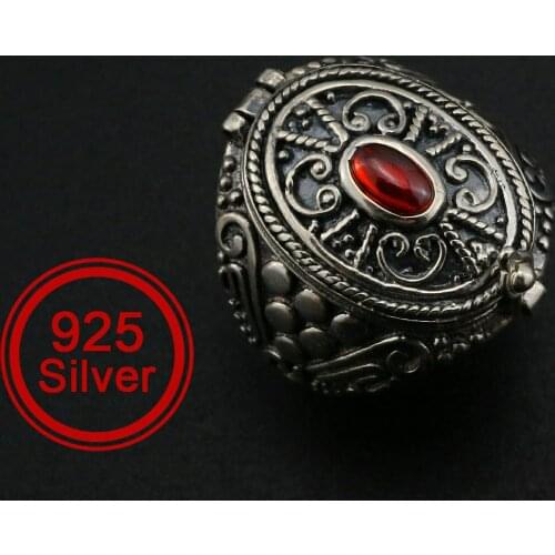 18x20MM Oval Keepsake Ring Antiqued Solid 925 Sterling Silver Prayer Box Photo Locket DIY Ring with Red CZ Stone 1223115