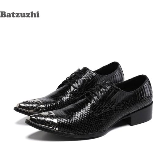 Batzuzhi Italian Style Mens Shoes Fashion Pointed Metal Toe Black Genuine Leather Dress Shoes Men Lace-up Business Footwear