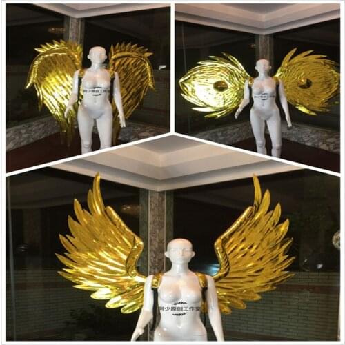 KS22 Catwalk ballroom dance stage costumes gold mirror wings dj wears backplane perform dress armor outfits party clothe disco