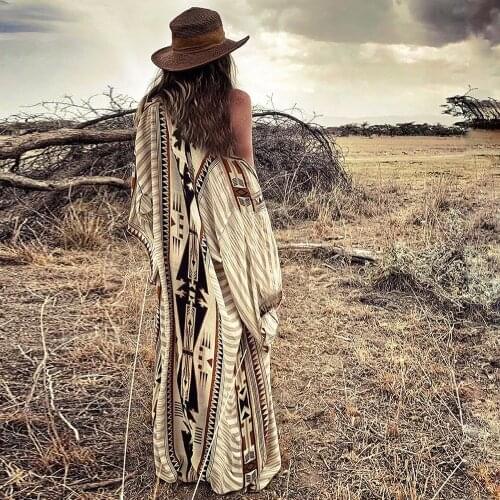 Boho Printed Bikini Cover Up with Waist Rope Kimono Pareo Tunics 2021 Beach Outing Women Plus Size Beachwear Swim Suit Cover-up