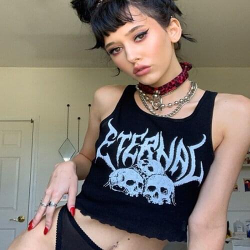 Sexy Punk Goth Crop Tops Womens T-shirt Skull Printed Vest Top Fashion Black White Round Neck Sleeveless Slim Tank Top Y2k