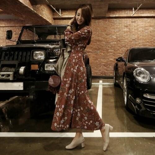 Womens floral long Dress V NECK one-piece Dresses vintage Casual Autumn Long Sleeve tied up Korean Style fall slim waist 2020