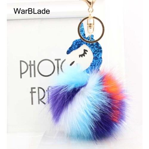 Pompom Unicorn Keychain Colorful Poms Fake Rabbit fur ball Fluffy Key Chain Horse porte clef Wome Bag Car Keyring llavero mujer