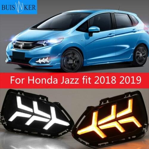 2pcs For Honda Jazz fit 2018 2019 LED Daytime Running Lights DRL Fog lamp cover with Yellow turning signal lights