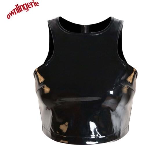 Crop Top Free Shipping Cheap Women Short Style Clubwear Croptops Zip Back PVC Tank Tops Wetlook Pu Tube Fetish leather Top