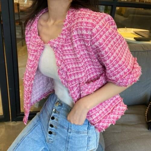Summer Plaid Women Jacket O-neck Short Sleeve Tassel Single Breast Fur-trimmed Women Coat Office Lady Short Jackets Korean Chic