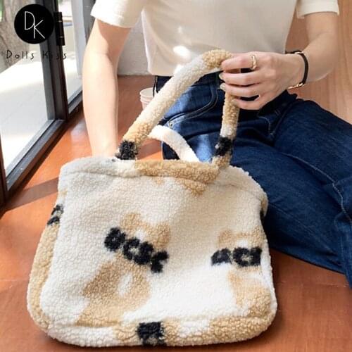 Women Casual Handbag Ladies Plush Cute Bear Shoulder Bag Retro Female Kawaii Bag Large-Capacity Casual Travel Bag Girls Totes