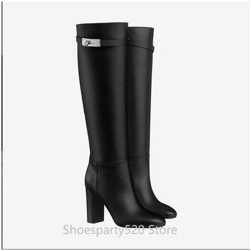 Designer black Leater Chunky Heeled Women Knee High Boots Women Sexy Buckle Lock Night Club Slim Fit Party Long Boots
