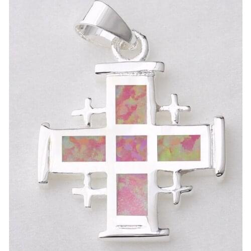 Jerusaiem Cross Cool For Womens 17*17mm Pink Fire Opal Silver Pendant P9037