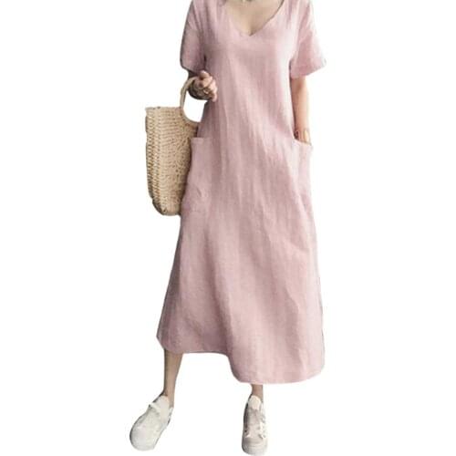 Women long maxi dresses large loose Women Dress Casual Solid Color Short Sleeve V Neck Pockets Large Hem Loose Long Dress 2020