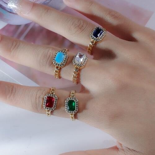 Gold Color Curb Link Chain White Stone Open Cuff Rings For Women Micro Pave Cubic Zirconia Finger Adjustable Ring Jewelry