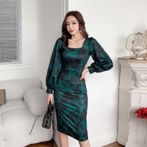 New Fashion Puff Sleeve Floral Print Dress Women Autumn Square Neck Slim Pencil Dresses Office OL Elegant Dress