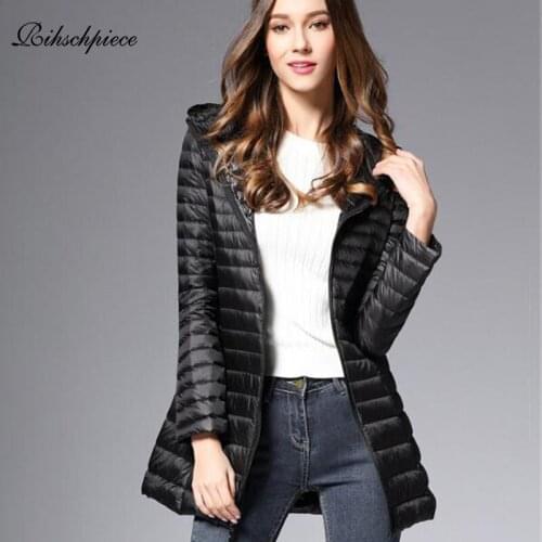 Rihschpiece 2018 Winter Plus Size 3XL Duck Down Coat Women Ultra Light Jacket Hoodie Long Black Puffer Jackets RZF1498