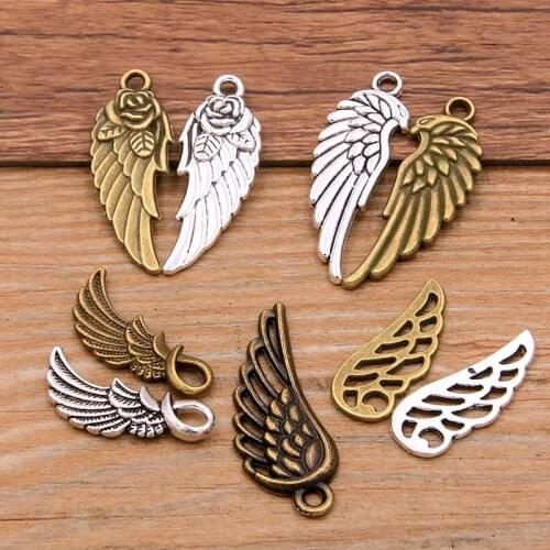 20PCS 5 Styles Two Color Feather Wings Charms Animal Rose Flower Pendant Metal Alloy For DIY Necklace Bracelet Earrings Marking