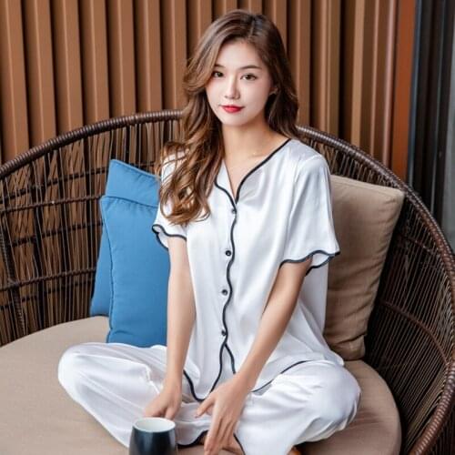 2021 Summer Short Sleeve Long Pants Silk Satin Pajama Sets for Women Korean Sleepwear Suit Pyjamas Homewear Pijama Mujer Clothes