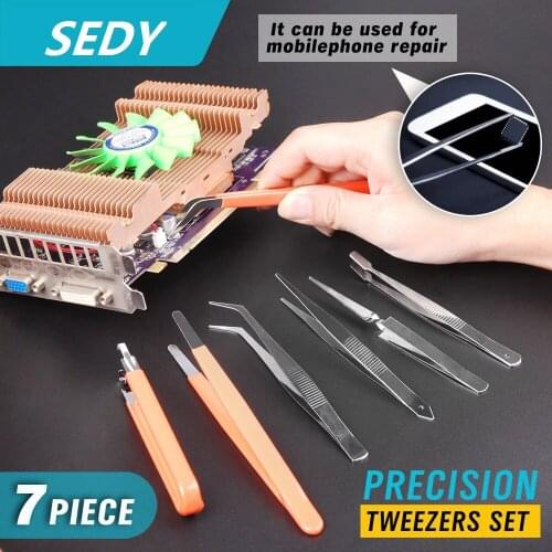 2020-SEDY 7Pcs Tweezers Set ESD Safe Anti-Static Stainless Steel Maintenance Repair Hand Tool Set