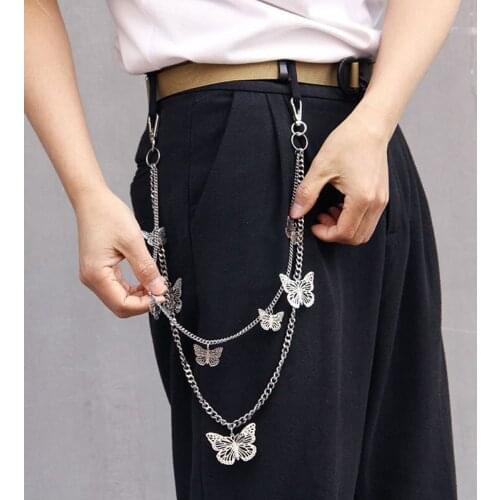 Womens Two Layer Butterfly Chain Hip Hop Punk Gold Silver Metal Chain For Pants Rock Jewelry Keychain