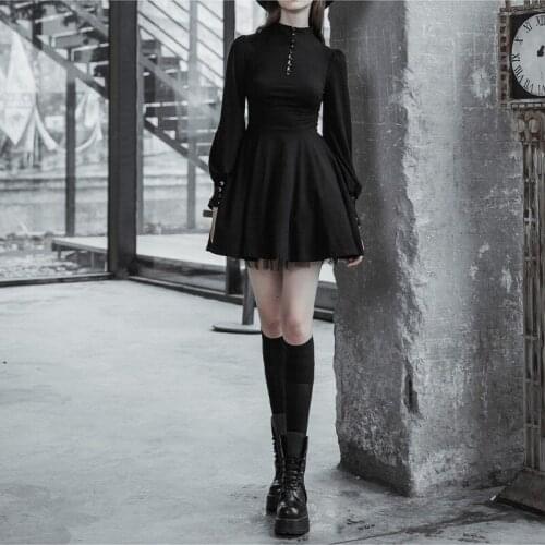Black Gothic Black Dress Women Gothic Style Goth Bandage Mini Dress Gothic Harajuku Punk Long Sleeve Lace-up Mesh Dress 2021
