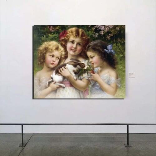 Emile Vernon Three Little Girls And Rabbit Canvas Painting Print Living Room Home Decoration Modern Wall Art Oil Painting Poster