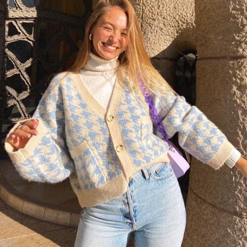 JMPRS Knitted Women Cardigan Sweater Autumn V Neck Vintage Plaid Crop Top Sweater Loose Winter Casual Pocket Knitwear Jacket