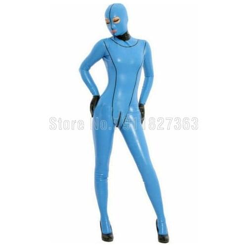 Natural Latex Catsuits Rubber Bodysuit Gummi Sexy Blue w Black Trim Back Crotch Zipper Club Wear with Hoods Customize w/o gloves
